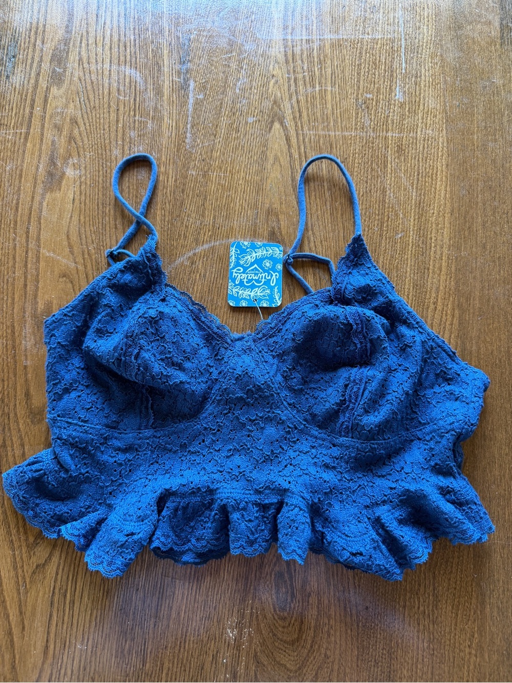 Free People Fleur De Lys Lace Crop Cami Bralette Size S Navy Blue‎ NWT $38